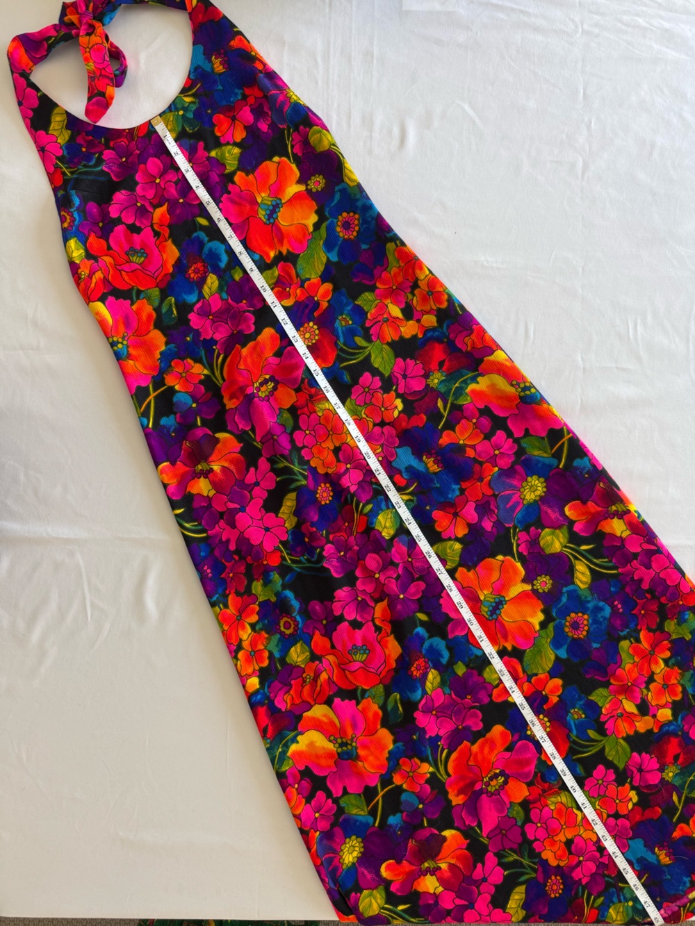 Vintage Vibrant Floral Halter Maxi Dress - Bright Pink & Orange Flowers - Picture 5 of 7